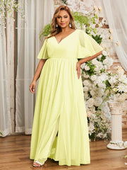 A-ligne Col en V Robes Maxi en Tulle avec Dos en V Profond Jonquille Grande Taille