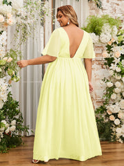 A-ligne Col en V Robes Maxi en Tulle avec Dos en V Profond Jonquille Grande Taille