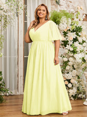 A-ligne Col en V Robes Maxi en Tulle avec Dos en V Profond Jonquille Grande Taille