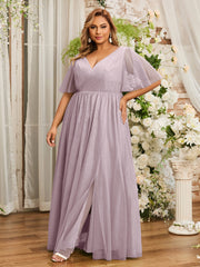 A-ligne Col en V Robes Maxi en Tulle avec Dos en V Profond Dusk Grande Taille