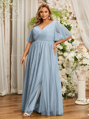 A-ligne Col en V Robes Maxi en Tulle avec Dos en V Profond Bleu Poudré Grande Taille
