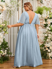 A-ligne Col en V Robes Maxi en Tulle avec Dos en V Profond Bleu Poudré Grande Taille