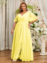 A-ligne Col en V Robes Maxi en Tulle avec Dos en V Profond Citron Grande Taille