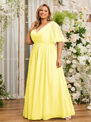A-ligne Col en V Robes Maxi en Tulle avec Dos en V Profond Citron Grande Taille