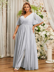 A-ligne Col en V Robes Maxi en Tulle avec Dos en V Profond Argent Grande Taille