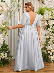 A-ligne Col en V Robes Maxi en Tulle avec Dos en V Profond Argent Grande Taille