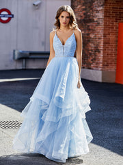 Robe de Soirée Princesse Asymétrique en Tulle à Col en V Bleu Ciel Bleu Ciel
