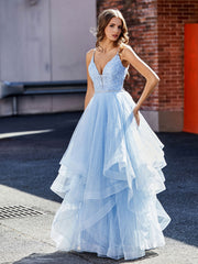 Robe de Soirée Princesse Asymétrique en Tulle à Col en V Bleu Ciel Bleu Ciel