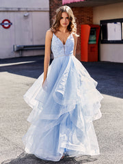 Robe de Soirée Princesse Asymétrique en Tulle à Col en V Bleu Ciel Bleu Ciel