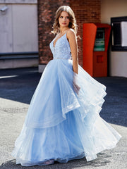 Robe de Soirée Princesse Asymétrique en Tulle à Col en V Bleu Ciel Bleu Ciel