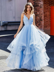 Robe de Soirée Princesse Asymétrique en Tulle à Col en V Bleu Ciel Bleu Ciel