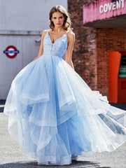 Robe de Soirée Princesse Asymétrique en Tulle à Col en V Bleu Ciel Bleu Ciel