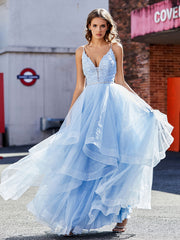 Robe de Soirée Princesse Asymétrique en Tulle à Col en V Bleu Ciel Bleu Ciel