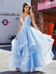 Robe de Soirée Princesse Asymétrique en Tulle à Col en V Bleu Ciel Bleu Ciel