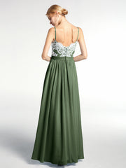 Robe avec Dentelle Ivoire à Bretelles Spaghetti avec Fente à l'Avant Olive Verte