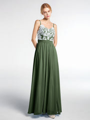 Robe avec Dentelle Ivoire à Bretelles Spaghetti avec Fente à l'Avant Olive Verte