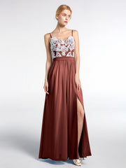 Robe avec Dentelle Ivoire à Bretelles Spaghetti avec Fente à l'Avant terracotta Grande Taille