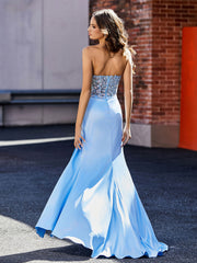 Robe de Soirée Plissé en Satin à Col en Cœur avec Traîne Balayage Bleu Ciel Grande Taille