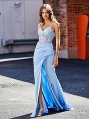 Robe de Soirée Plissé en Satin à Col en Cœur avec Traîne Balayage Bleu Ciel Grande Taille
