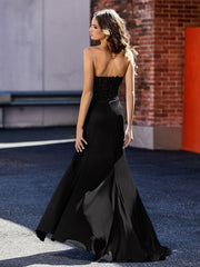 Robe de Soirée Plissé en Satin à Col en Cœur avec Traîne Balayage Noir