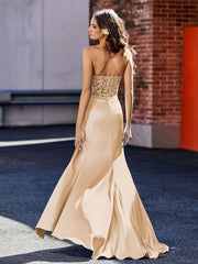 Robe de Soirée Plissé en Satin à Col en Cœur avec Traîne Balayage Champagne