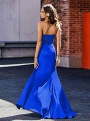 Robe de Soirée Plissé en Satin à Col en Cœur avec Traîne Balayage Bleu Royale