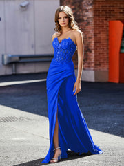 Robe de Soirée Plissé en Satin à Col en Cœur avec Traîne Balayage Bleu Royale