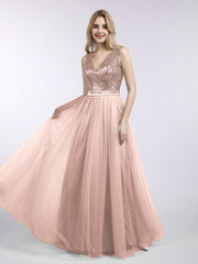 Paillettes et Tulle Robe Longue avec Col en V Or Métallique Grande Taille