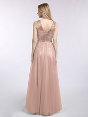 Paillettes et Tulle Robe Longue avec Col en V Or Métallique