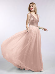 Paillettes et Tulle Robe Longue avec Col en V Or Métallique Grande Taille