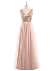 Paillettes et Tulle Robe Longue avec Col en V Or Métallique Grande Taille
