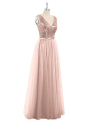 Paillettes et Tulle Robe Longue avec Col en V Or Métallique