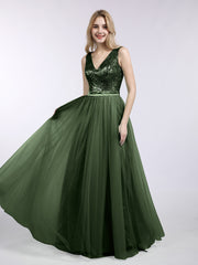Paillettes et Tulle Robe Longue avec Col en V Olive Verte Grande Taille