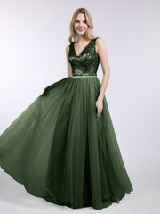 Paillettes et Tulle Robe Longue avec Col en V Olive Verte