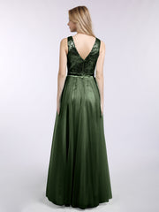 Paillettes et Tulle Robe Longue avec Col en V Olive Verte Grande Taille
