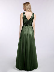 Paillettes et Tulle Robe Longue avec Col en V Olive Verte