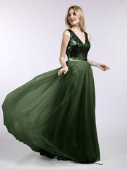 Paillettes et Tulle Robe Longue avec Col en V Olive Verte