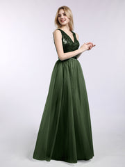 Paillettes et Tulle Robe Longue avec Col en V Olive Verte