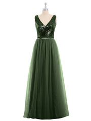 Paillettes et Tulle Robe Longue avec Col en V Olive Verte Grande Taille