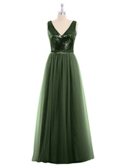 Paillettes et Tulle Robe Longue avec Col en V Olive Verte