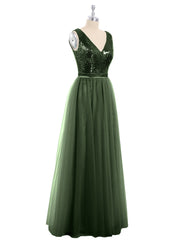 Paillettes et Tulle Robe Longue avec Col en V Olive Verte