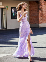 Robe de Soirée Fourreau/Colonne à Col en V en Paillettes Lilas