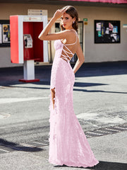 Robe de Soirée Fourreau/Colonne à Col en V en Paillettes Rose Pâle Grande Taille