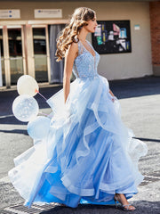 Robe de Soirée en Tulle à Col en V Longueur au Sol Bleu Ciel Grande Taille