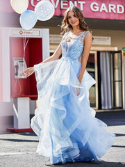 Robe de Soirée en Tulle à Col en V Longueur au Sol Bleu Ciel Grande Taille