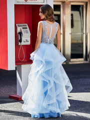 Robe de Soirée en Tulle à Col en V Longueur au Sol Bleu Ciel Grande Taille
