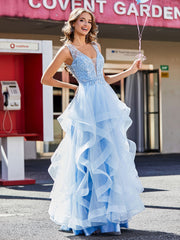 Robe de Soirée en Tulle à Col en V Longueur au Sol Bleu Ciel Grande Taille