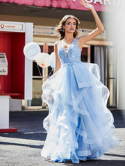 Robe de Soirée en Tulle à Col en V Longueur au Sol Bleu Ciel Grande Taille