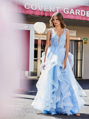 Robe de Soirée en Tulle à Col en V Longueur au Sol Bleu Ciel Grande Taille