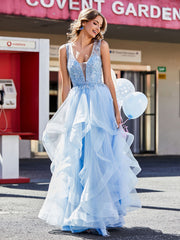 Robe de Soirée en Tulle à Col en V Longueur au Sol Bleu Ciel Grande Taille